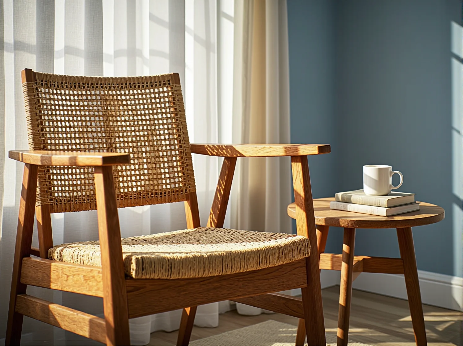 Tekstylia w stylu scandi na odnowionym fotelu – miękkie poduszki i wełniany koc.