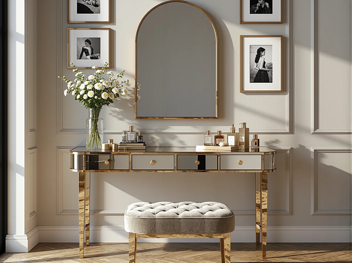 Kompaktowa toaletka glamour z lustrem i welurowym krzesłem w małej sypialni.