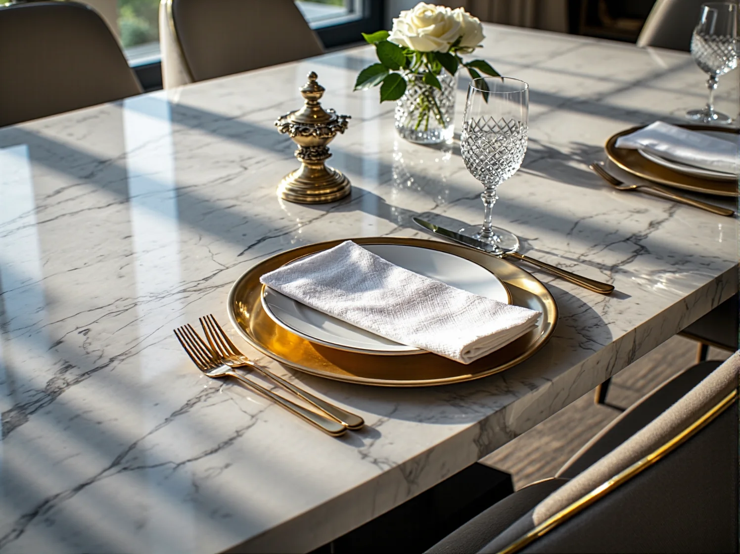 Detal trwałego blatu marmurowego w stole do jadalni glamour