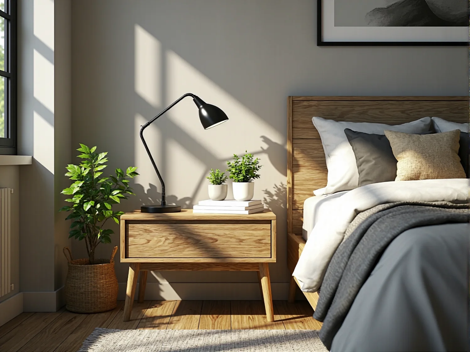 Oświetlenie warstwowe w małej sypialni z wykorzystaniem lamp ściennych i sufitowych.