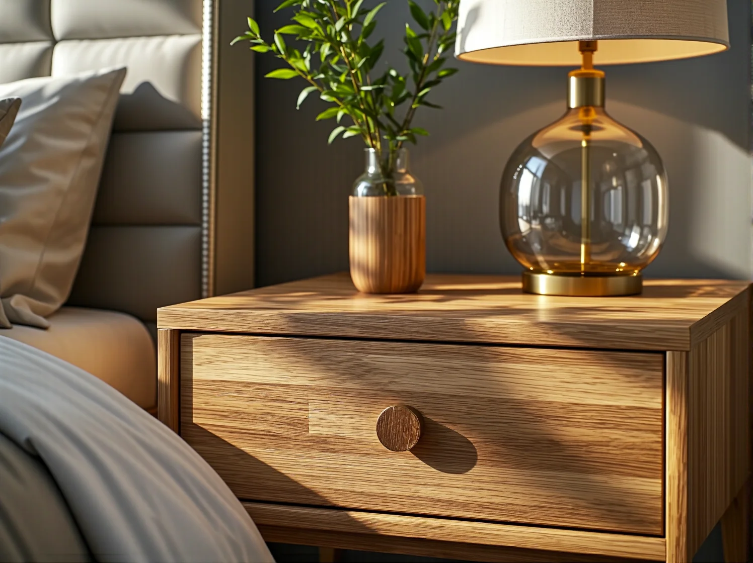 Zbliżenie na wegańską skórę i certyfikowane drewno użyte w produkcji łóżka w stylu glamour.