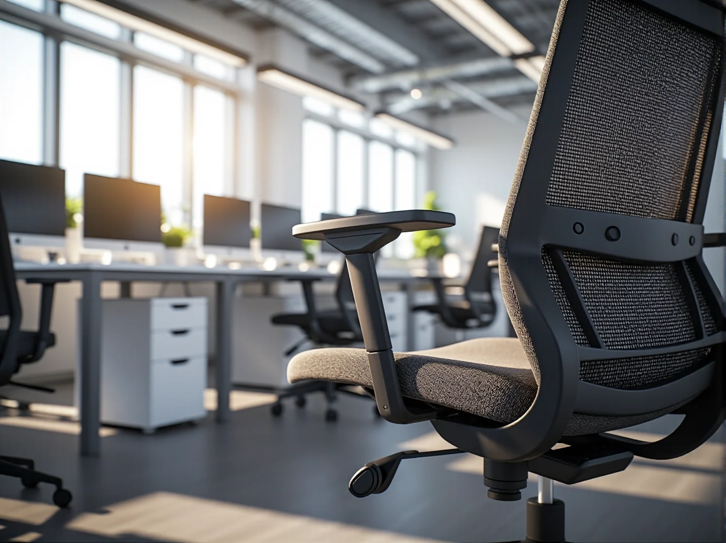 Zespół pracowników przy biurkach ergonomicznych dbający o zdrowie w nowoczesnym biurze.