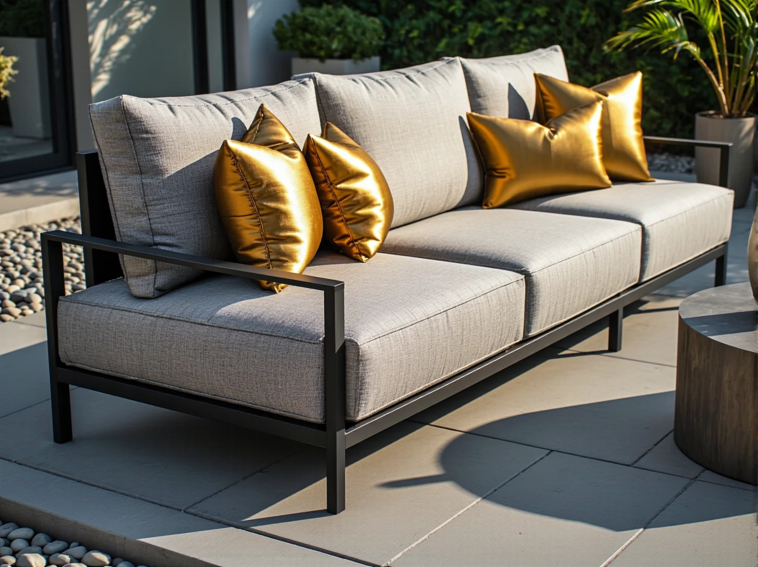 Zestaw mebli ogrodowych glamour ze złotymi akcentami i marmurowym stolikiem kawowym.
