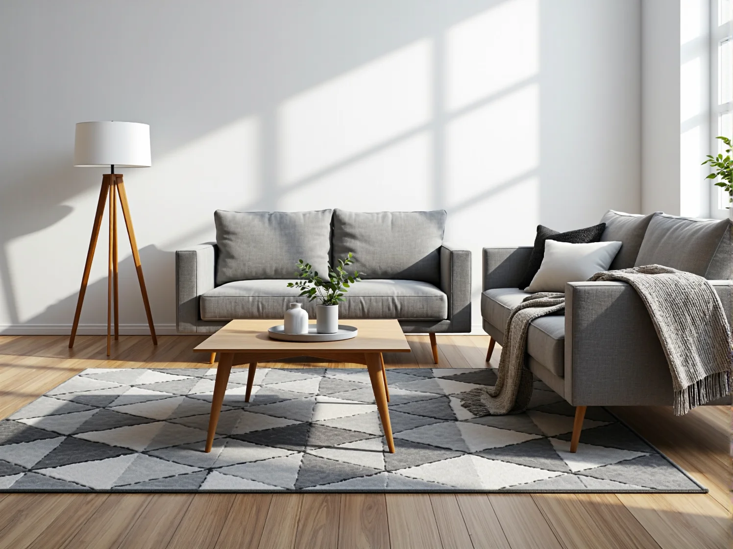 Funkcjonalny zestaw dwóch stolików kawowych skandynawskich w minimalistycznym pokoju.