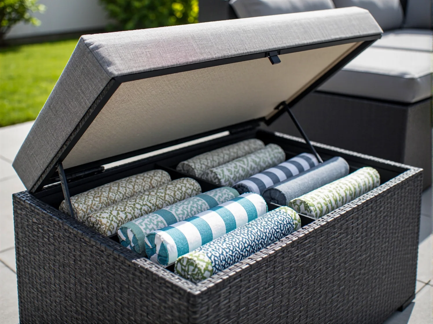 Eleganckie meble ogrodowe z technorattanu z wbudowaną pojemną skrzynią